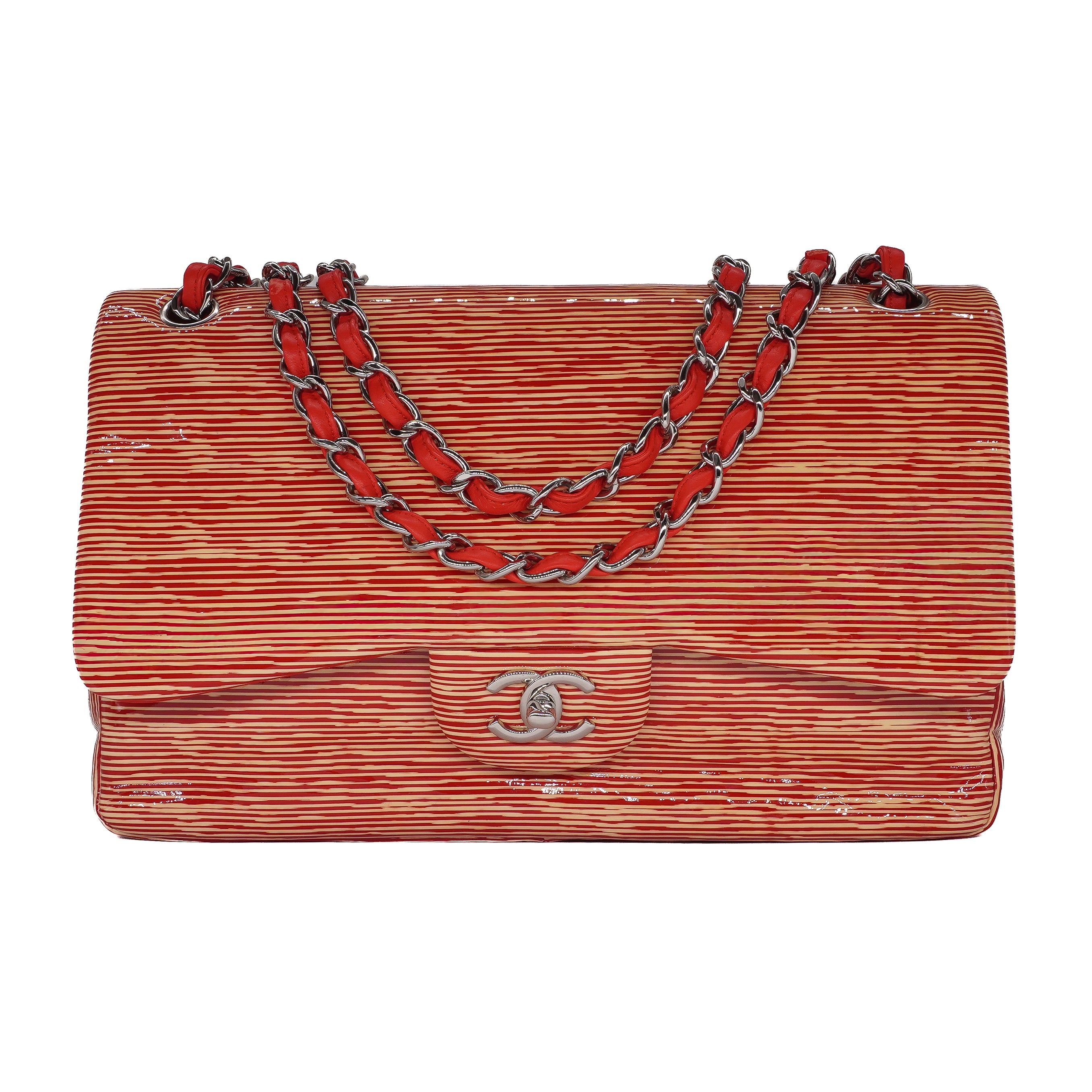 Chanel Striped Patent Leather Jumbo Double Flap