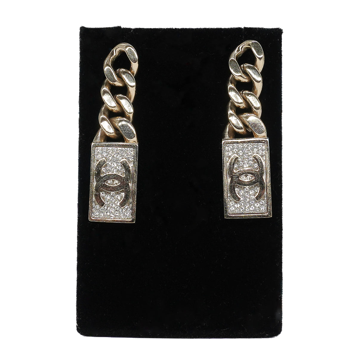 Chanel Dog Tag Charm Earrings Crystal Gold