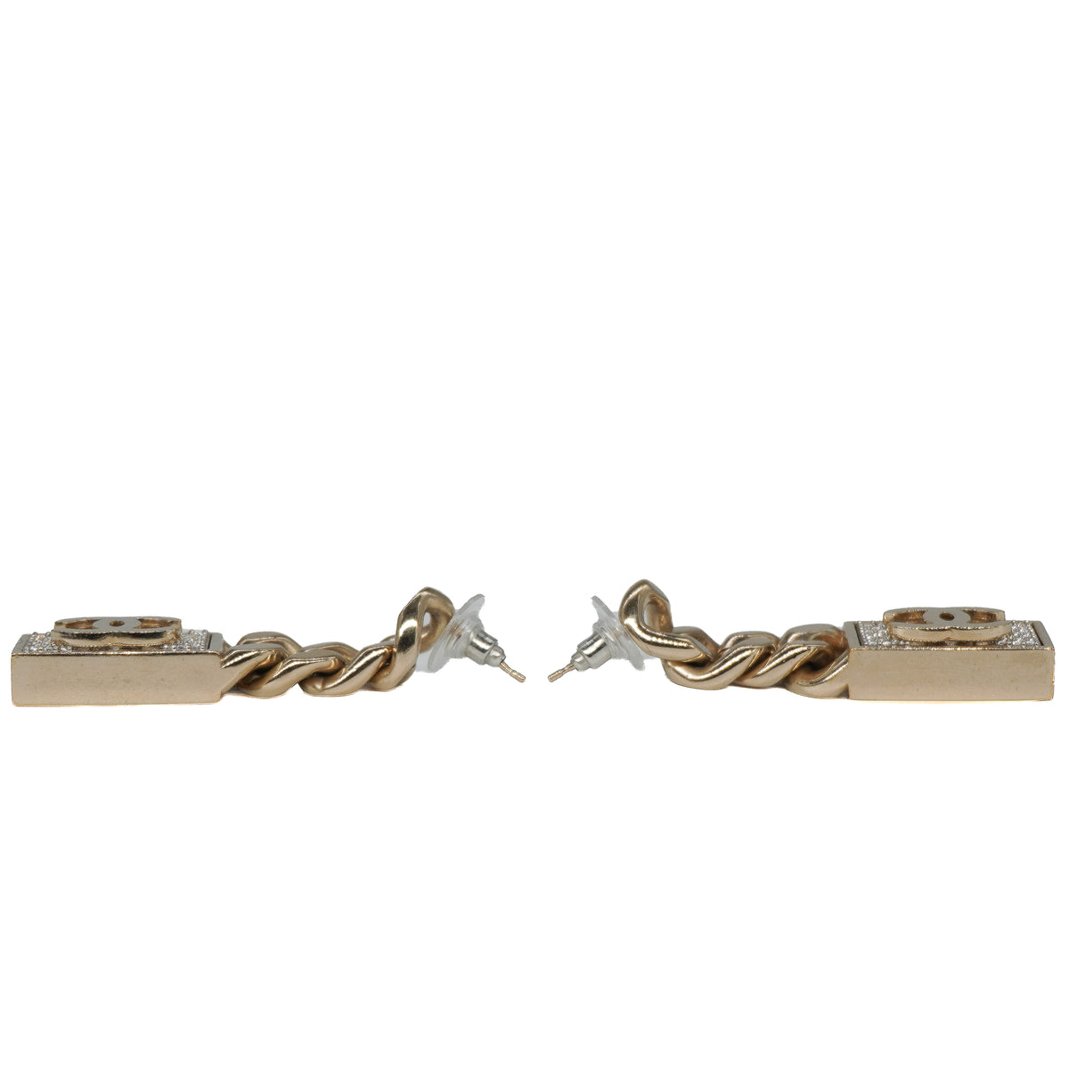 Chanel Dog Tag Charm Earrings Crystal Gold