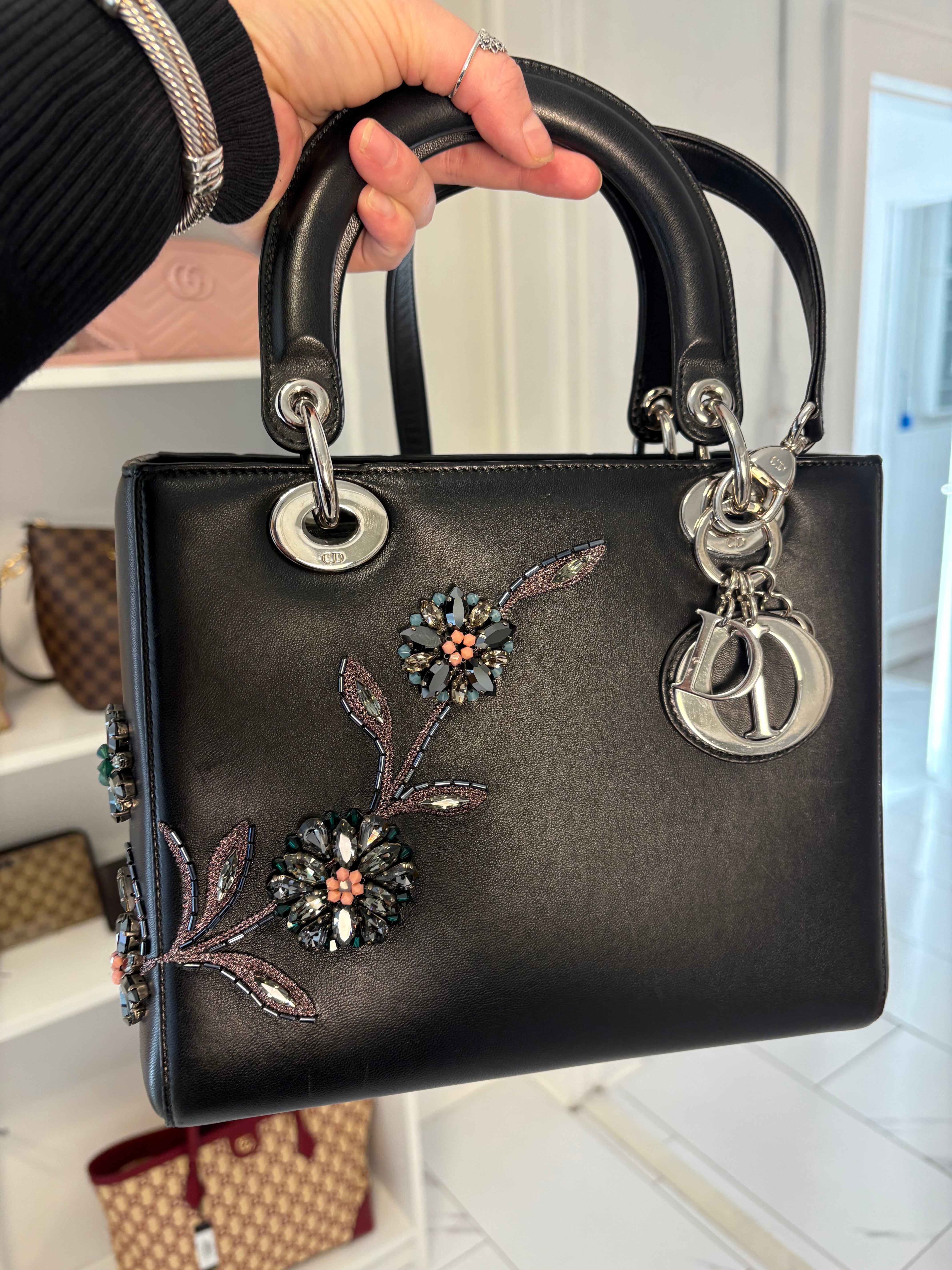 Christian Dior Smooth Calfskin Embroidered Beaded Floral Medium Lady Dior