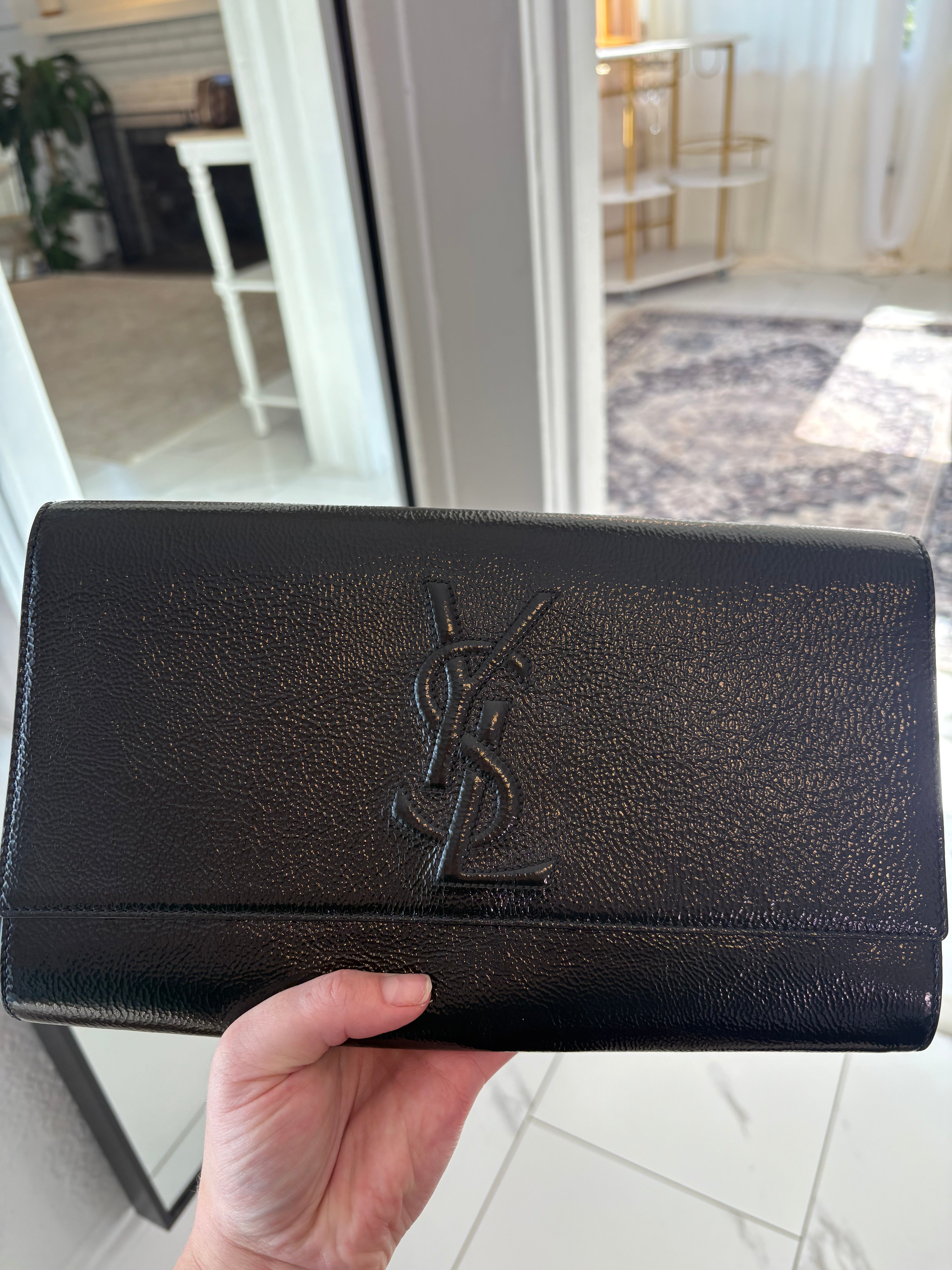 Saint Laurent Textured Patent Monogram Large Belle De Jour Clutch
