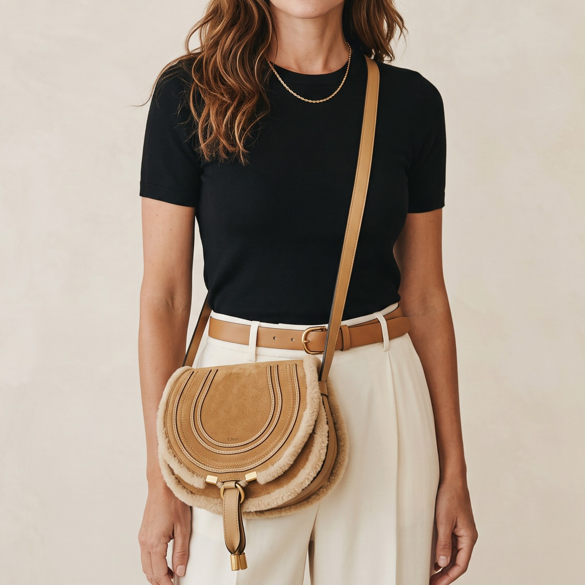 Chloé Marcie Small Saddle Bag Suede Calfskin Shearling Beige