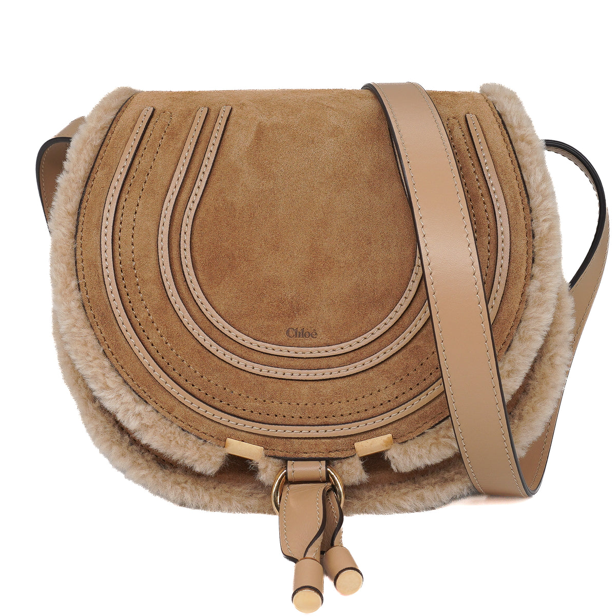 Chloé Marcie Small Saddle Bag Suede Calfskin Shearling Beige