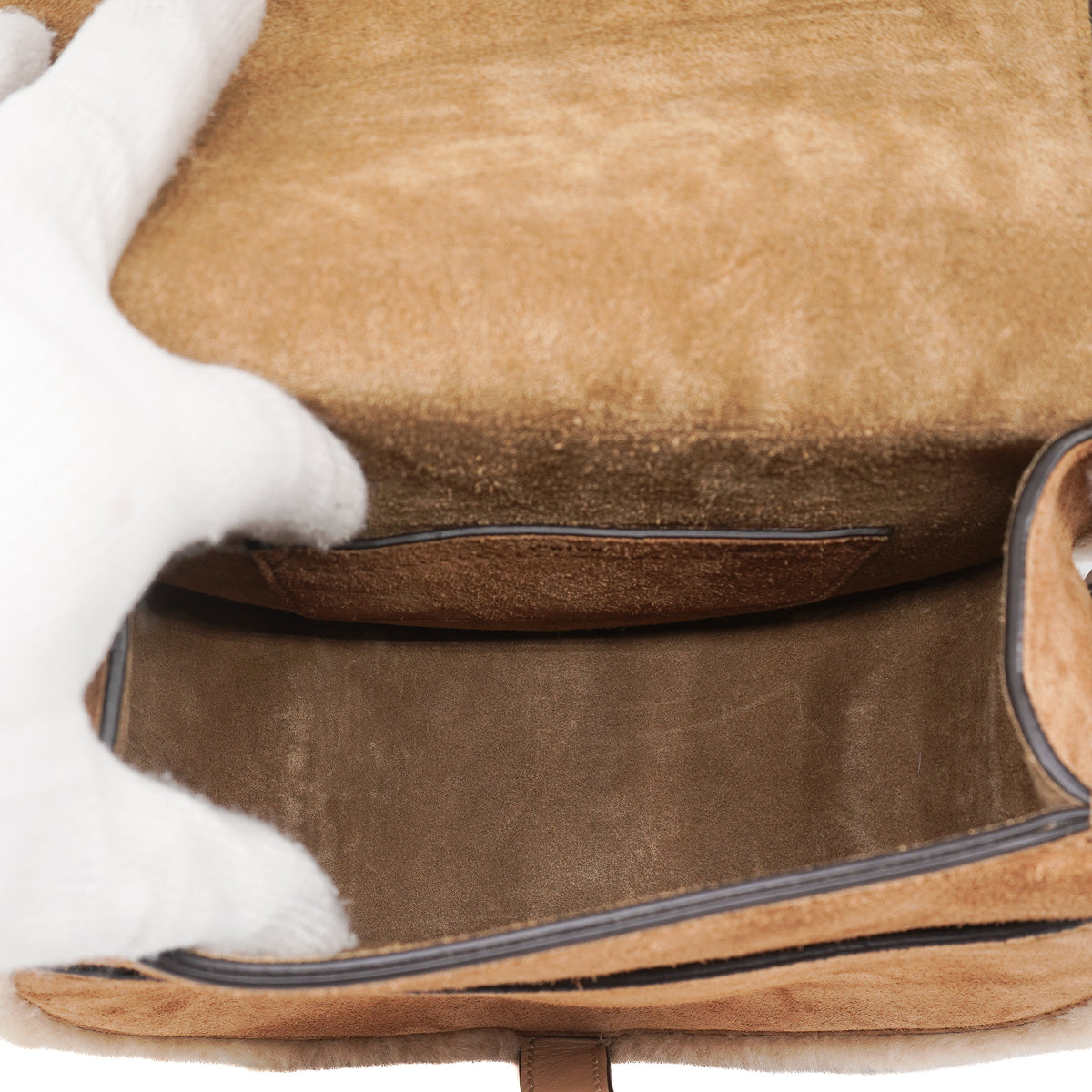 Chloé Marcie Small Saddle Bag Suede Calfskin Shearling Beige