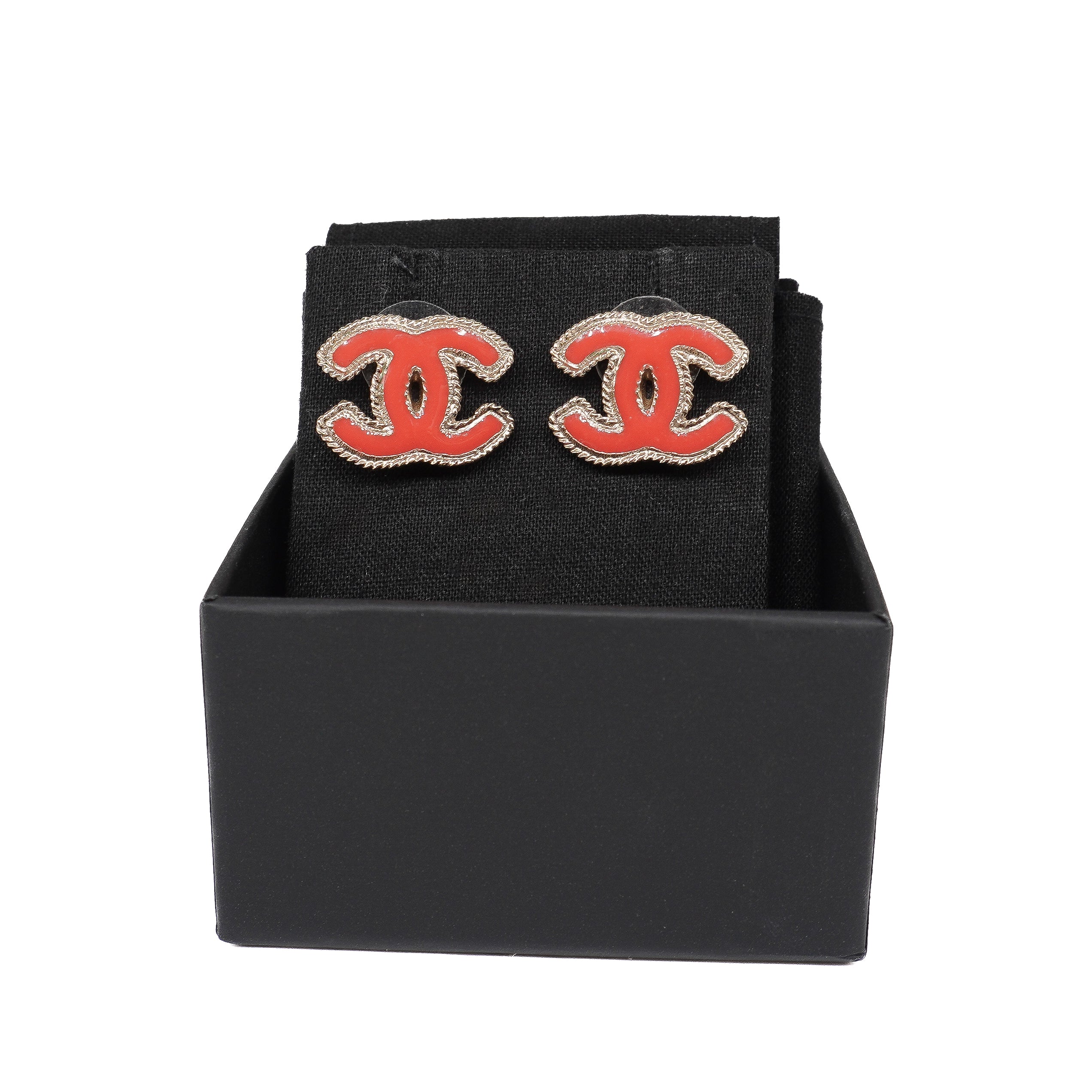 Chanel CC Red Enamel Gold Tone Earrings