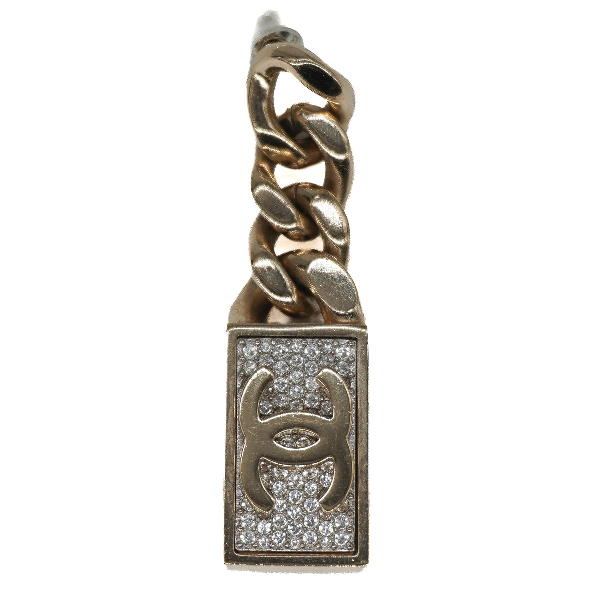 Chanel Dog Tag Charm Earrings Crystal Gold