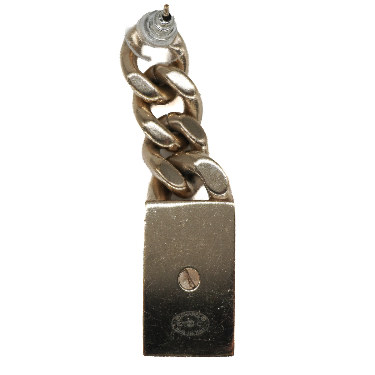 Chanel Dog Tag Charm Earrings Crystal Gold
