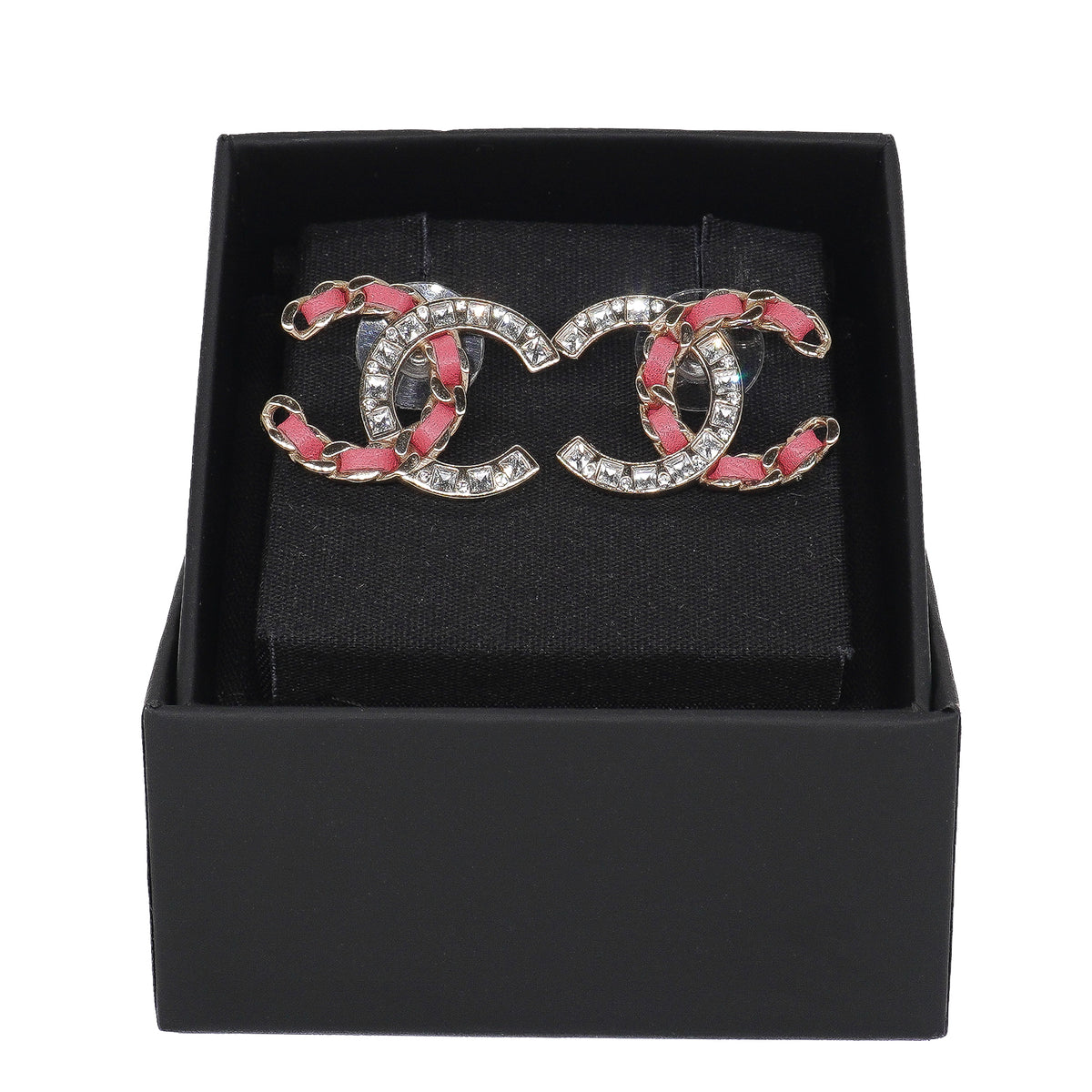 Chanel Baguette Crystal CC Chain Earrings Lambskin Pink