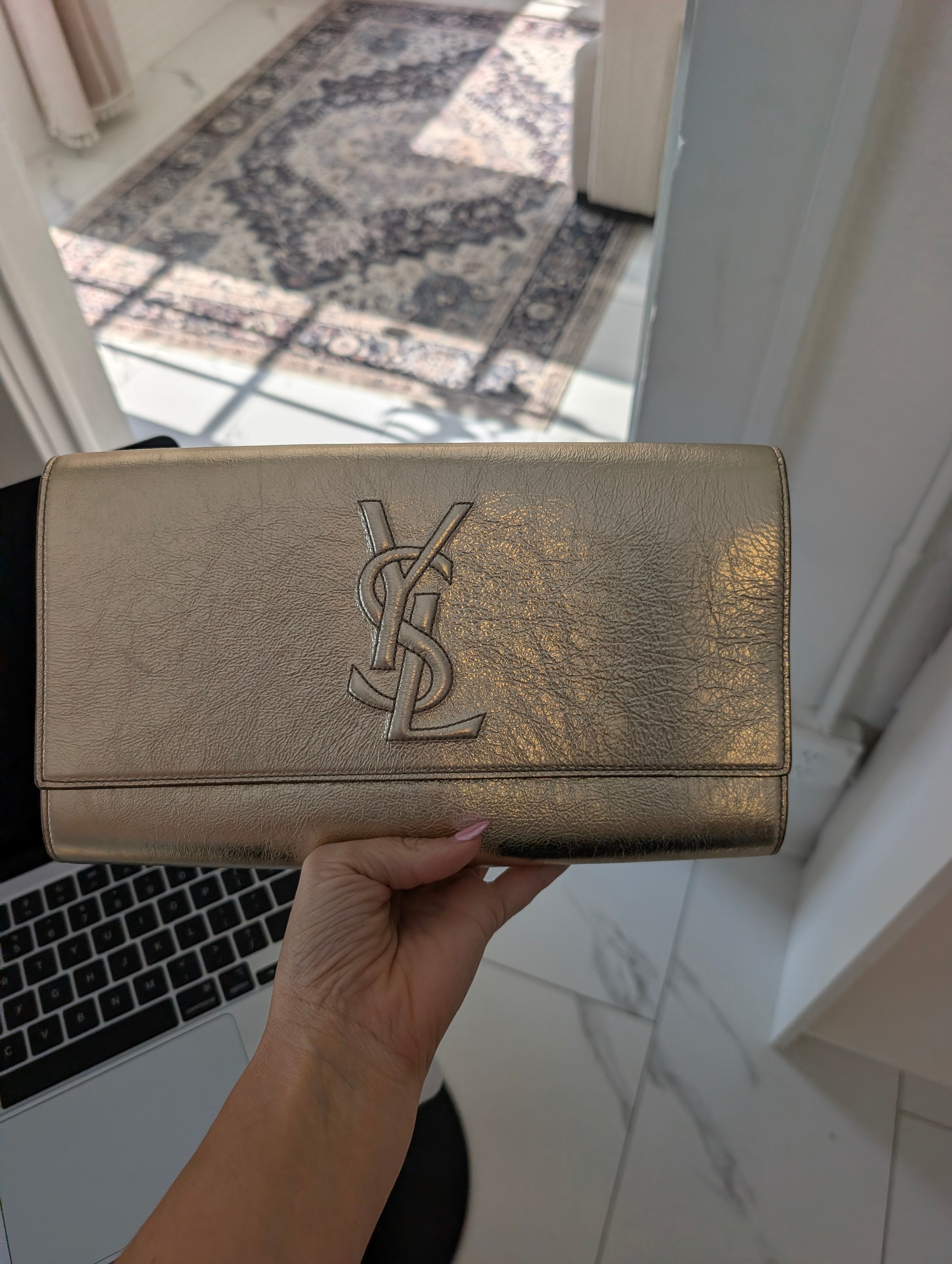 Saint Laurent Gold Metallic Calfskin Monogram Large Belle De Jour Clutch