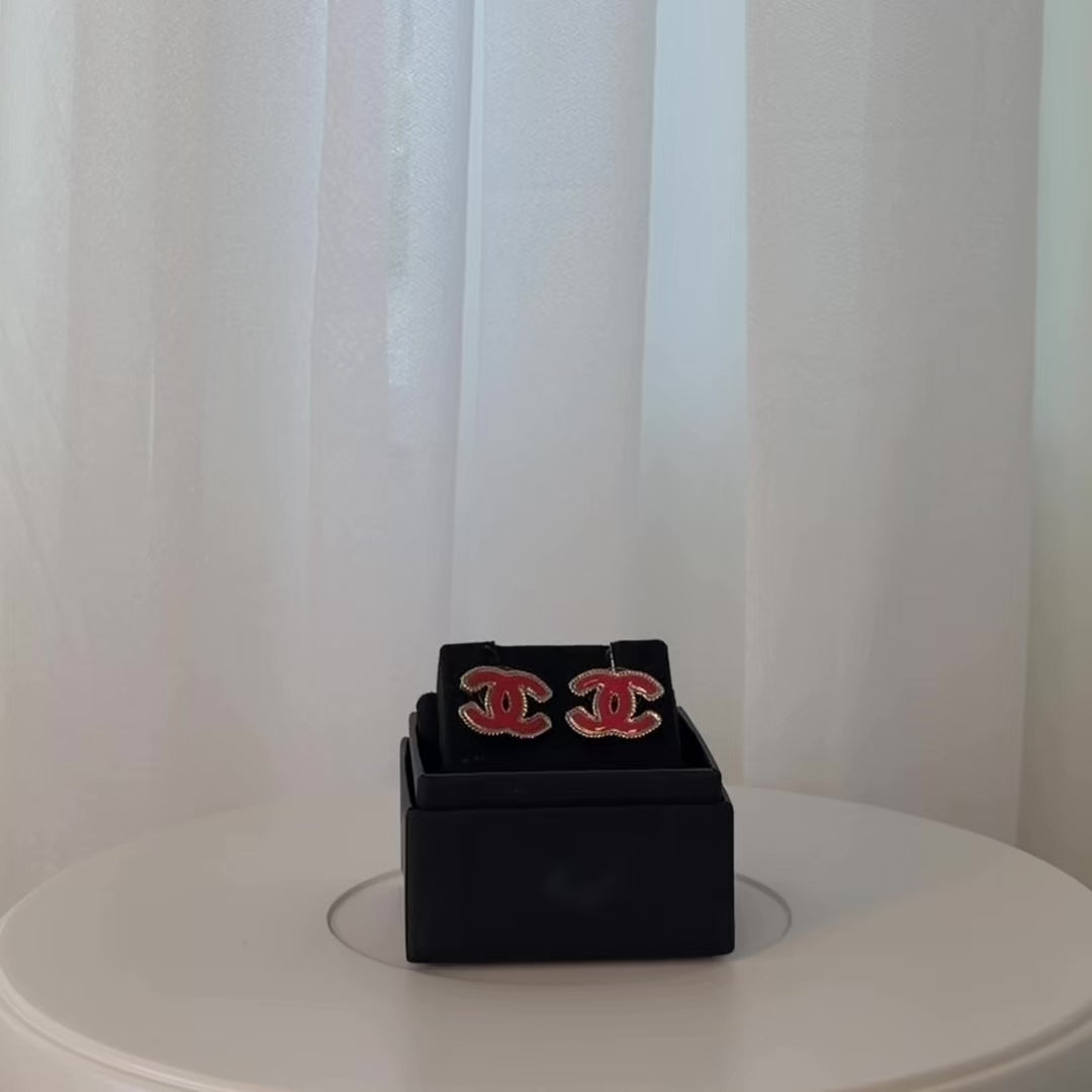 Chanel CC Red Enamel Gold Tone Earrings